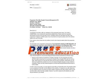 2020offer：恭喜于同學(xué)獲得伯明翰大學(xué)(世界排名：81)金融管理專業(yè)碩士通知書