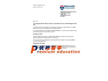2020offer：恭喜金同學(xué)獲得紐卡斯特大學(xué)(世界排名：146)量化金融與風(fēng)險(xiǎn)管理專(zhuān)業(yè)碩士通知書(shū)