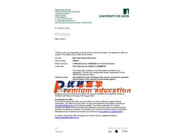 2020offer：恭喜成同學獲得利茲大學(世界排名：93)國際商務專業(yè)碩士通知書