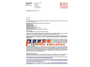 2020offer：恭喜孟同學獲得倫敦國王學院(世界排名：33)電子工程管理專業(yè)碩士通知書