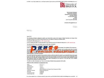 2020offer：恭喜朱同學(xué)獲得布里斯托大學(xué)(世界排名：49)全球運(yùn)營(yíng)與供應(yīng)鏈管理專(zhuān)業(yè)碩士通知書(shū)