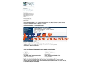 2020offer：恭喜朱同學(xué)獲得格拉斯哥大學(xué)(世界排名：67)商科、經(jīng)濟(jì)和金融碩士預(yù)科通知書