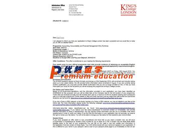 2020offer：恭喜張同學獲得倫敦國王學院(世界排名：33)會計、責任與財務管理專業(yè)碩士通知書