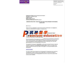 2020offer：恭喜高學獲得曼徹斯特大學(世界排名：27)跨文化交際專業(yè)碩士通知書