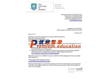 2020offer：恭喜吳同學獲得謝菲爾德大學(世界排名：78)跨文化交流專業(yè)碩士通知書