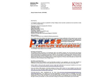 2020offer：恭喜張同學獲得倫敦國王學院(世界排名：33)高等計算機專業(yè)碩士通知書