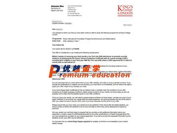 2020offer：恭喜趙同學獲得倫敦國王學院(世界排名：33)經濟與數學專業(yè)國際預科通知書
