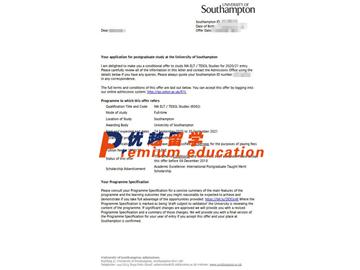 2020offer：恭喜周同學(xué)獲得南安普頓大學(xué)(世界排名：97)英語/英語教學(xué)專業(yè)碩士通知書