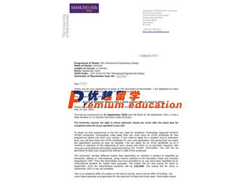 2020offer：恭喜周同學(xué)獲得曼徹斯特大學(xué)(世界排名：27)機(jī)械工程設(shè)計(jì)專業(yè)碩士通知書