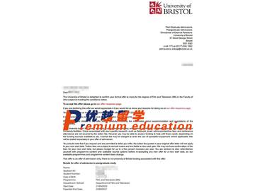 2020offer：恭喜錢同學獲得布里斯托大學(世界排名：49)影視專業(yè)碩士通知書
