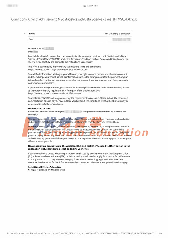 2020offer：恭喜韓同學獲得愛丁堡大學數(shù)據(jù)統(tǒng)計專業(yè)碩士通知書