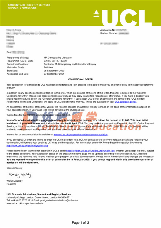 2020offer：恭喜王同學獲得倫敦大學學院藥學專業(yè)碩士通知書