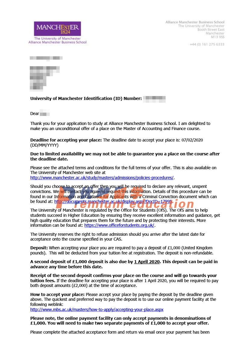 2020offer：恭喜徐同學(xué)獲得曼徹斯特大學(xué)會計(jì)金融專業(yè)碩士通知書