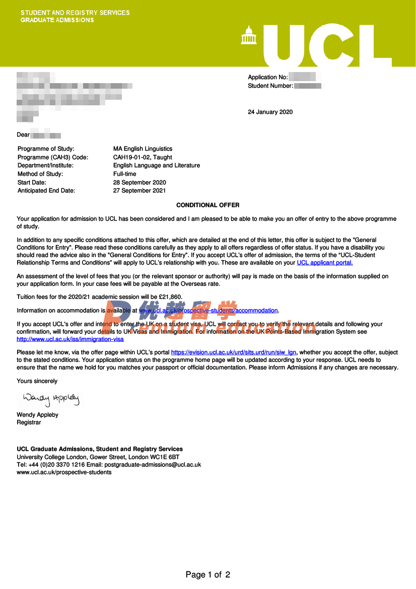 2020offer：恭喜朱同學(xué)獲得倫敦大學(xué)學(xué)院英語語言學(xué)專業(yè)碩士通知書