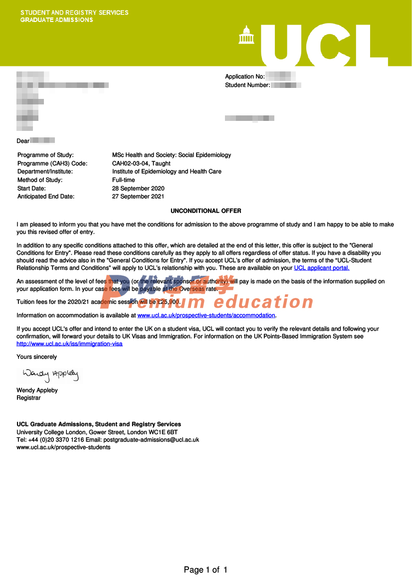 2020offer：恭喜伍同學(xué)獲得倫敦大學(xué)學(xué)院健康與社會：社會流行病學(xué)專業(yè)碩士通知書