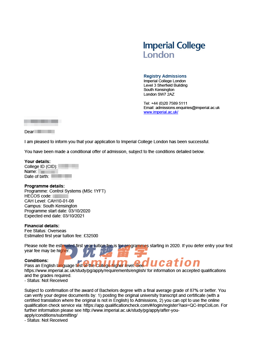 2020offer：恭喜俞同學(xué)獲得帝國理工學(xué)院控制系統(tǒng)專業(yè)碩士通知書