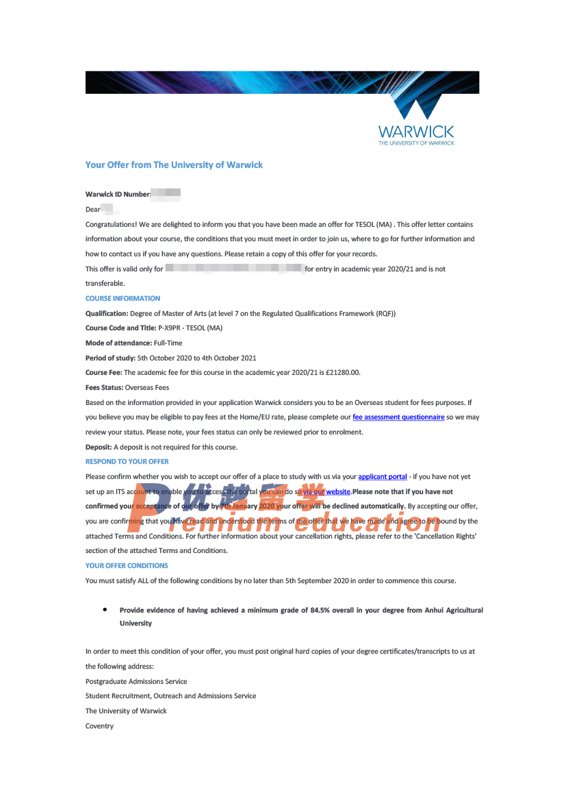 2020offer：恭喜陳同學(xué)獲得華威大學(xué)對外英語教學(xué)專業(yè)碩士通知書