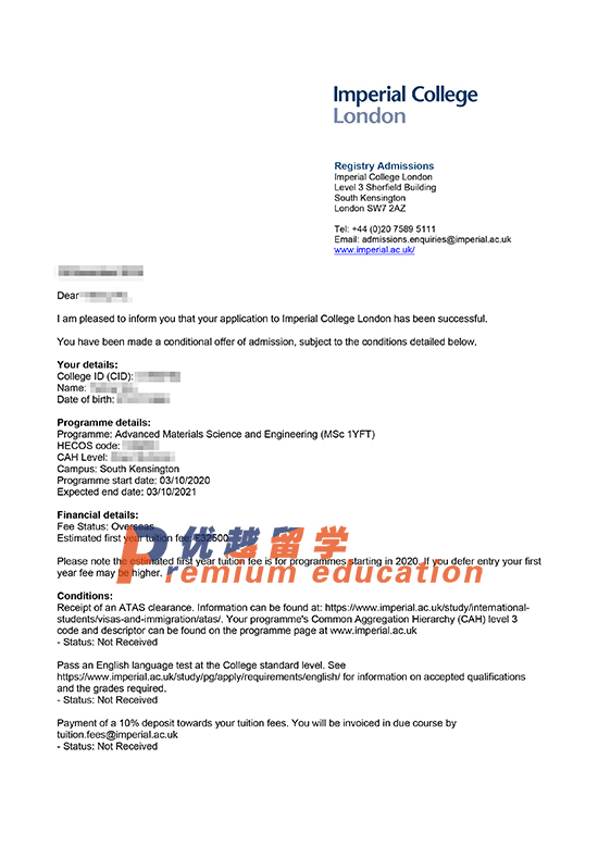 2020offer：恭喜吳同學(xué)獲得帝國理工大學(xué)先進(jìn)材料科學(xué)與工程專業(yè)碩士通知書