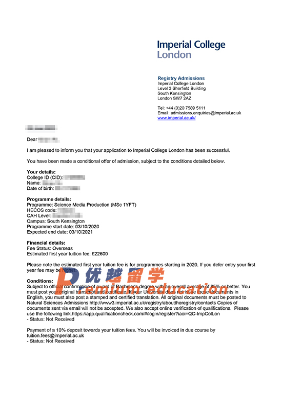 2020offer：恭喜徐同學(xué)獲得帝國理工大學(xué)科學(xué)媒體制作專業(yè)碩士通知書